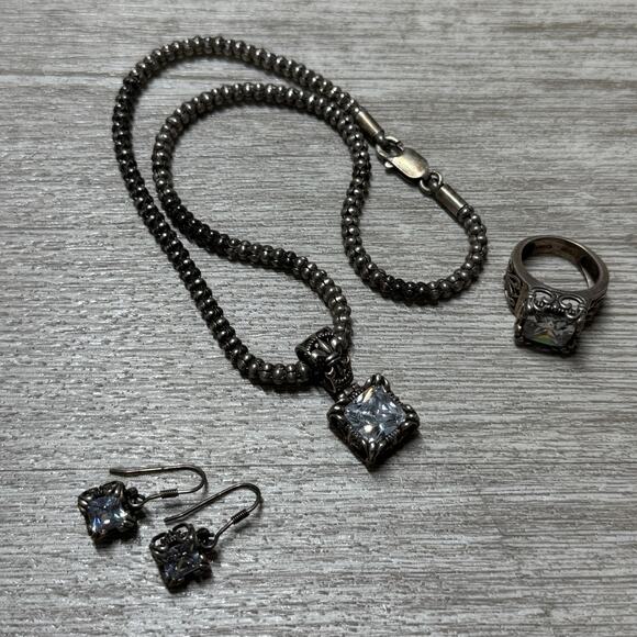 Vintage Silpada 925 Sterling Silver Necklace Uptown Pendant Ring Earrings Set - Picture 1 of 11